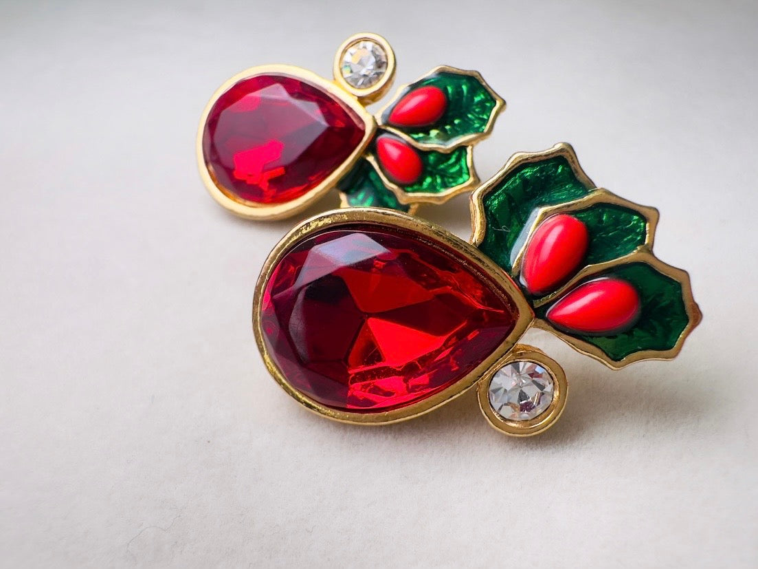 Vintage Red Holly Berry Earrings, Holiday Post Earrings with Faceted Red Glass and Green Enamel Leaves