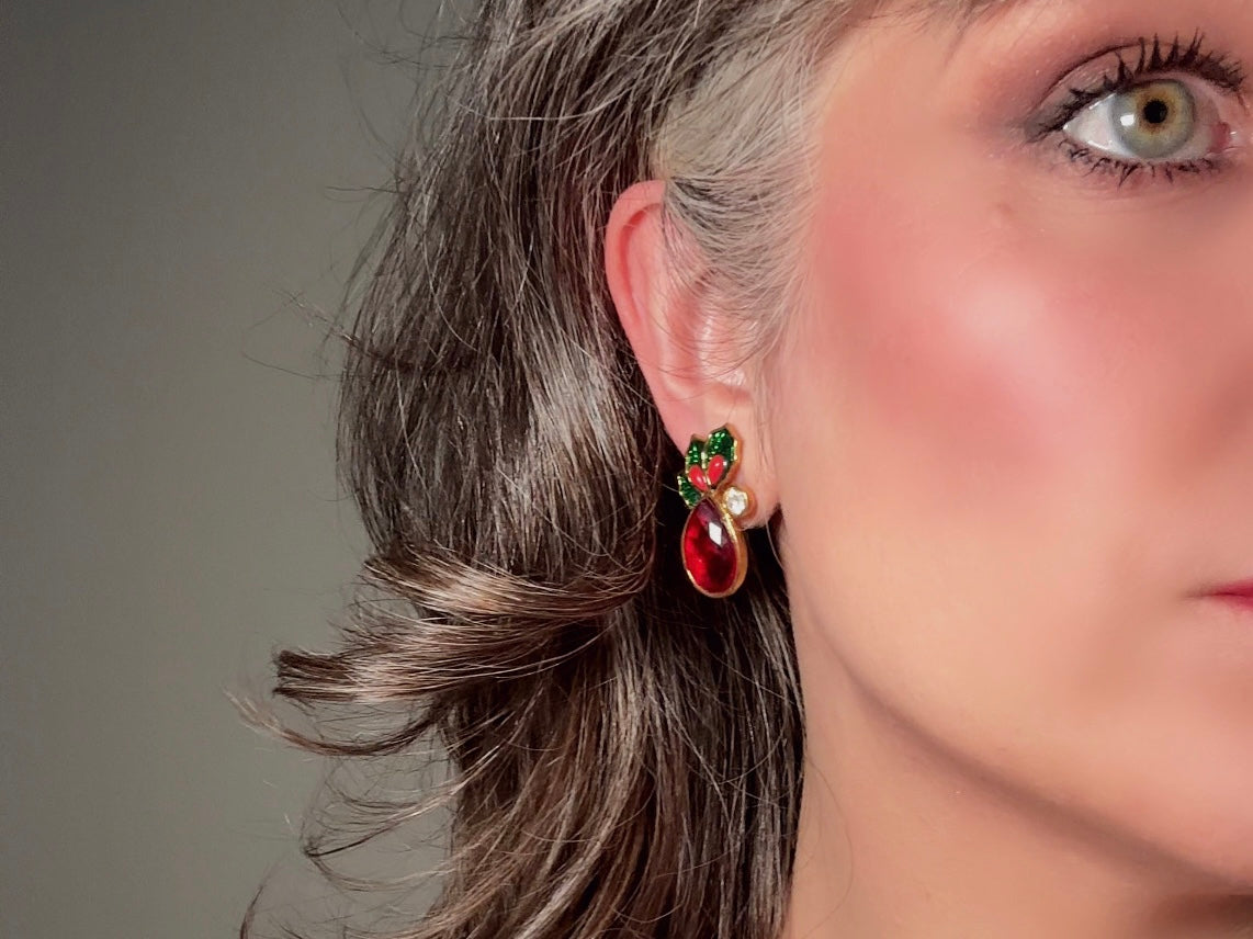 Vintage Red Holly Berry Earrings, Holiday Post Earrings with Faceted Red Glass and Green Enamel Leaves