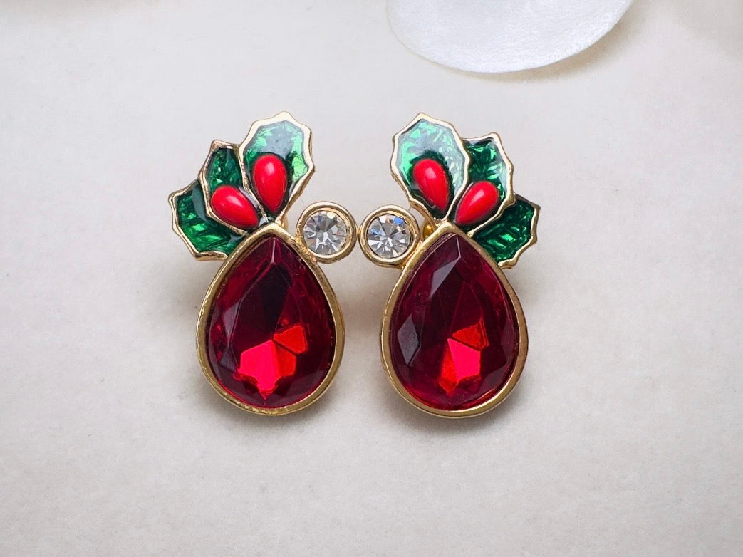 Vintage Red Holly Berry Earrings, Holiday Post Earrings with Faceted Red Glass and Green Enamel Leaves