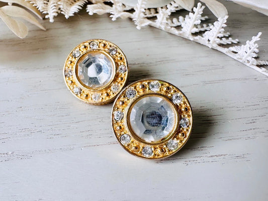 Vintage Rhinestone Post Earrings, Diamond Crystal Vintage Earrings, Sparkling Jewel Earrings with Gold Border, 1980s Liz Claiborne LCI Studs from Piggle and Pop