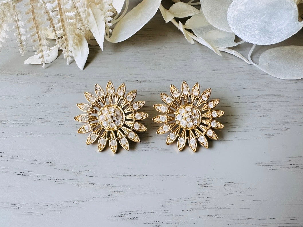 Vintage Rhinestone Sunflower Earrings, Pierced Gold Flower Earrings