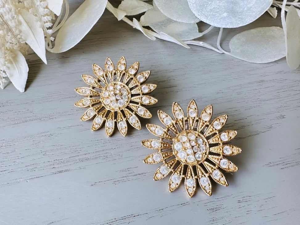 Vintage Rhinestone Sunflower Earrings, Pierced Gold Flower Earrings 1