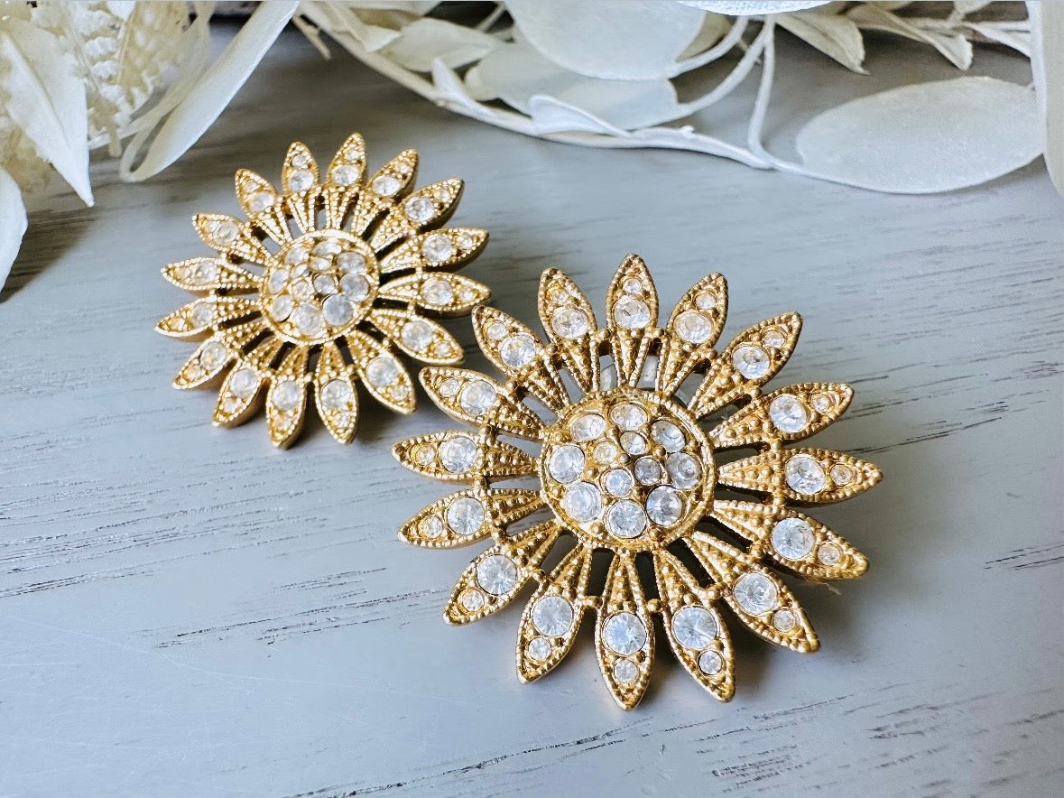 Vintage Rhinestone Sunflower Earrings, Pierced Gold Flower Earrings 2