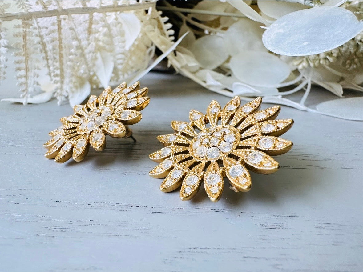 Vintage Rhinestone Sunflower Earrings, Pierced Gold Flower Earrings 3
