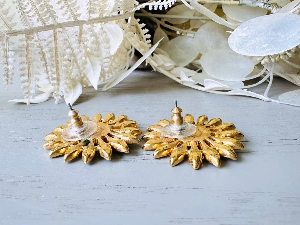 Vintage Rhinestone Sunflower Earrings, Pierced Gold Flower Earrings 4