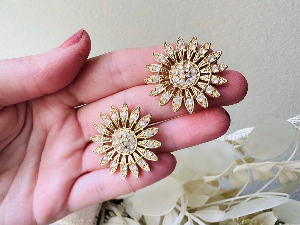 Vintage Rhinestone Sunflower Earrings, Pierced Gold Flower Earrings 5