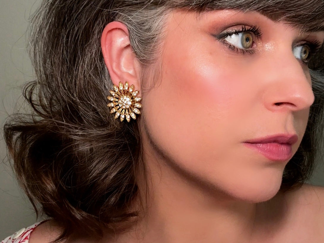 Vintage Rhinestone Sunflower Earrings, Pierced Gold Flower Earrings 7
