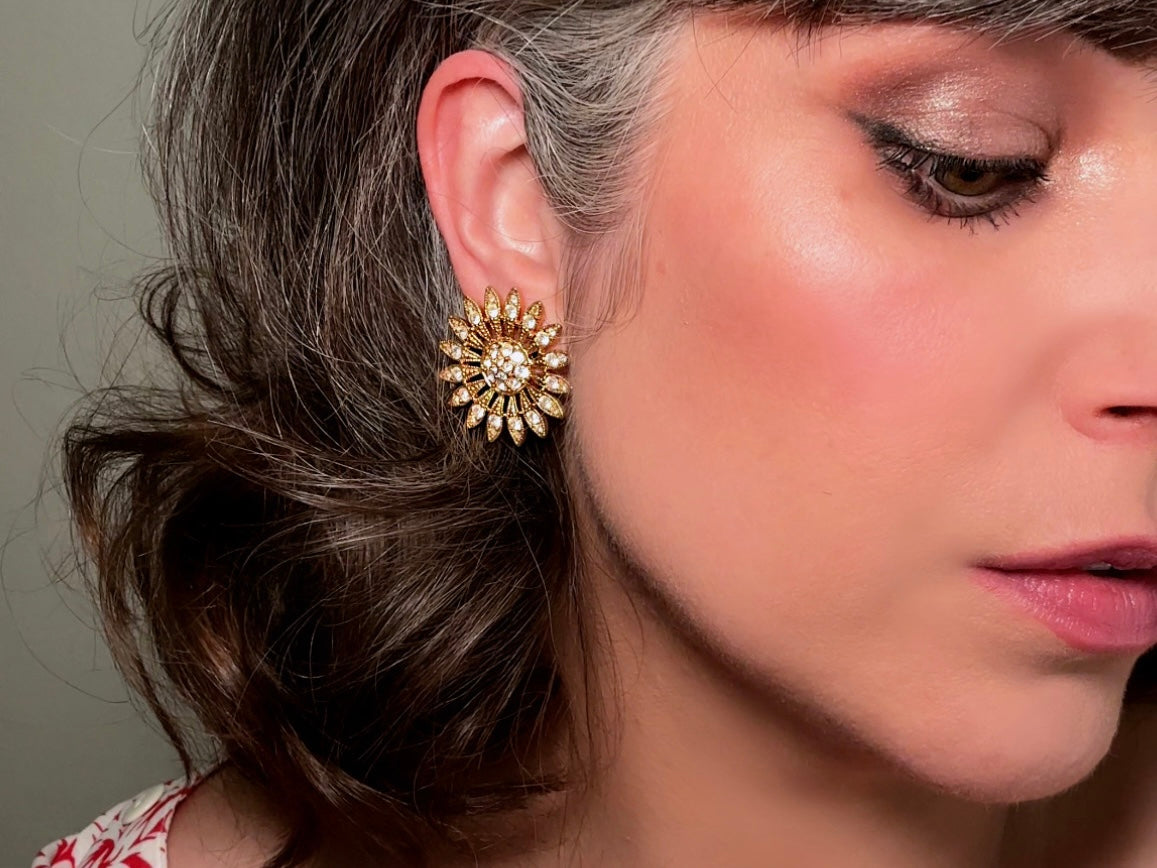 Vintage Rhinestone Sunflower Earrings, Pierced Gold Flower Earrings 8