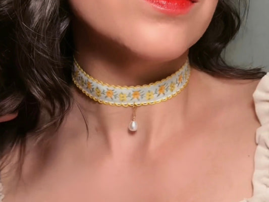 Vintage Ribbon Choker, Handmade Reversible Fabric Necklace in Sage Green Satin and Yellow Jacquard Lace Marigold Flowers with Pearl Teardrop