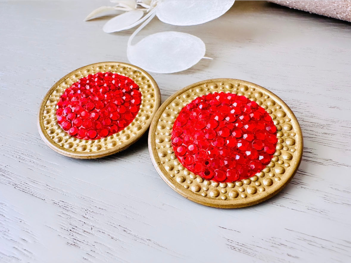 Vintage Richard Kerr 1980s Red Earrings, Huge Disc Shaped Clip On Earrings With Gold Trim Pave Set Rhinestones, Rare Designer Vintage 80s