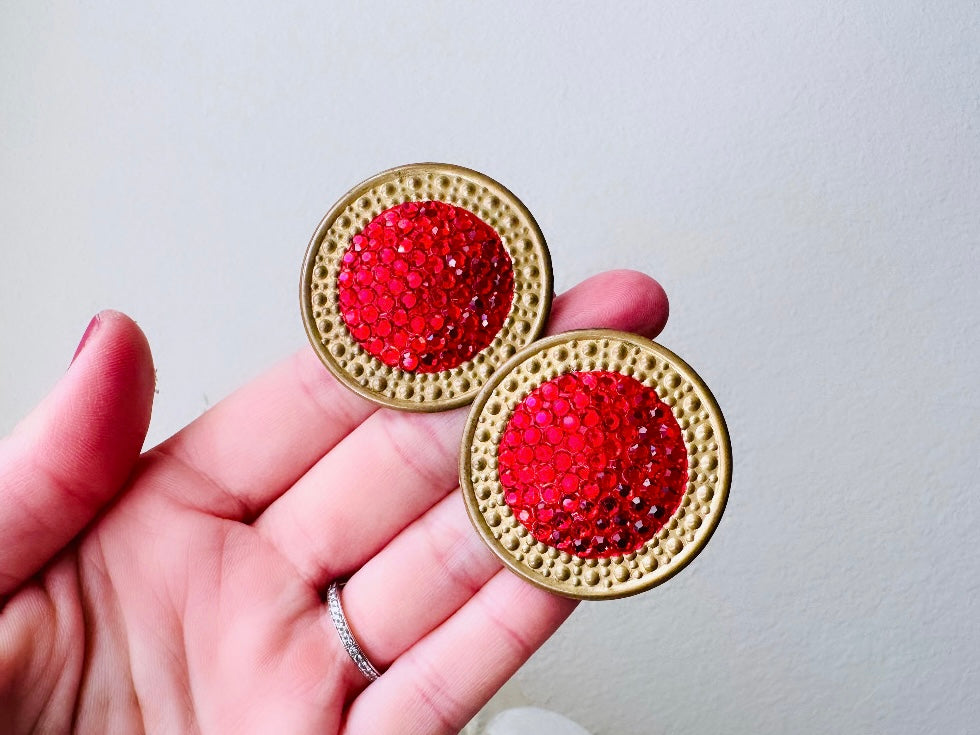 Vintage Richard Kerr 1980s Red Earrings, Huge Disc Shaped Clip On Earrings With Gold Trim Pave Set Rhinestones, Rare Designer Vintage 80s from Piggle and Pop
