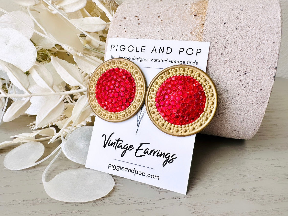 Vintage Richard Kerr 1980s Red Earrings, Huge Disc Shaped Clip On Earrings With Gold Trim Pave Set Rhinestones, Rare Designer Vintage 80s from Piggle and Pop