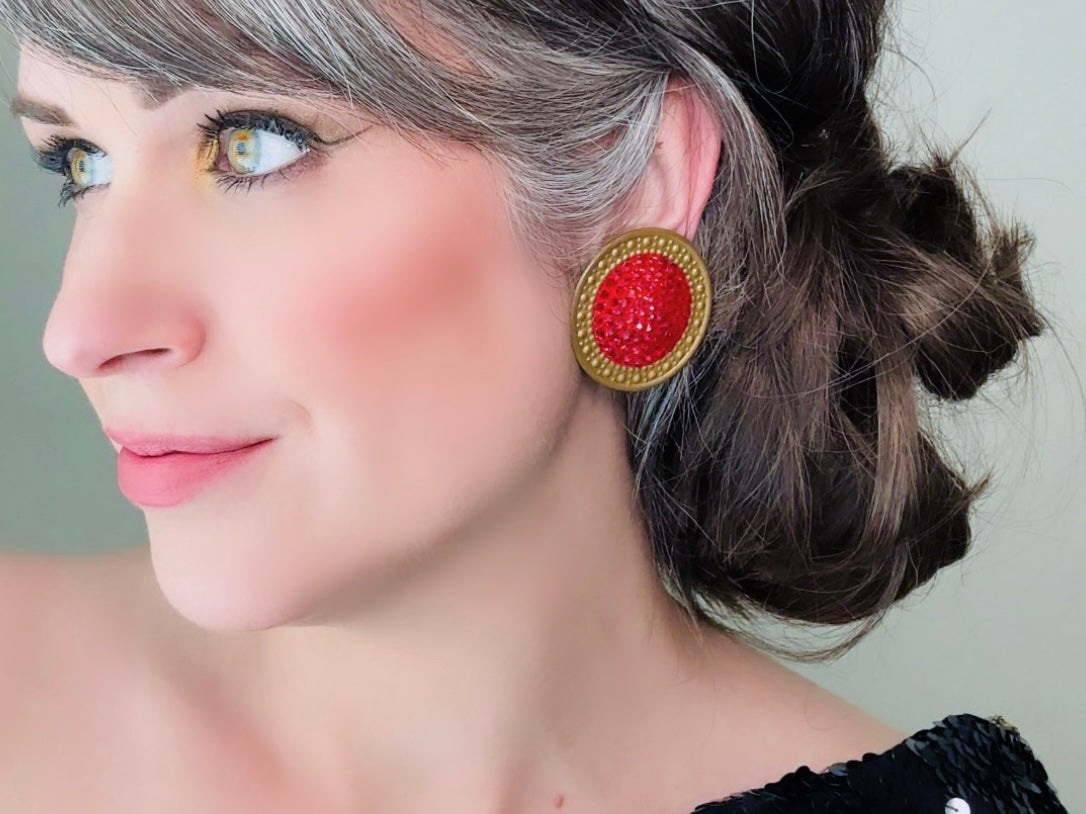 Vintage Richard Kerr 1980s Red Earrings, Huge Disc Shaped Clip On Earrings With Gold Trim Pave Set Rhinestones, Rare Designer Vintage 80s from Piggle and Pop