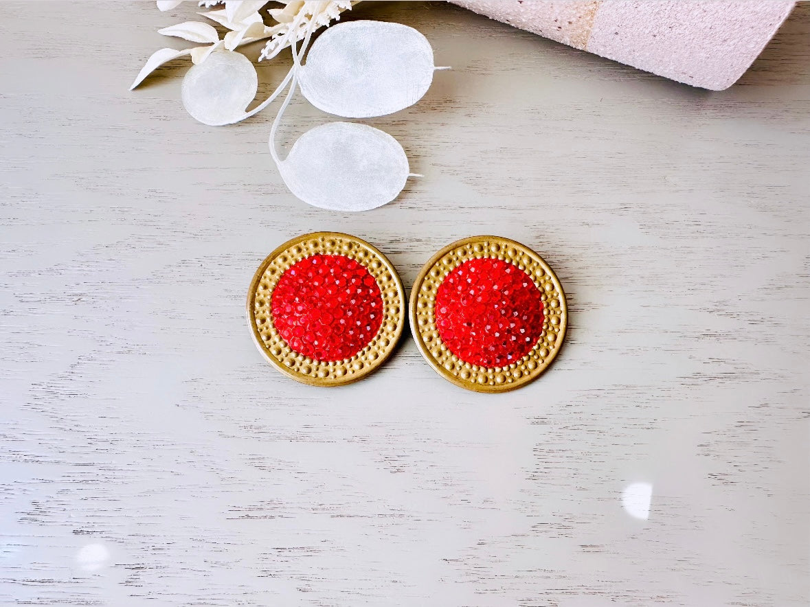 Vintage Richard Kerr 1980s Red Earrings, Huge Disc Shaped Clip On Earrings With Gold Trim Pave Set Rhinestones, Rare Designer Vintage 80s from Piggle and Pop