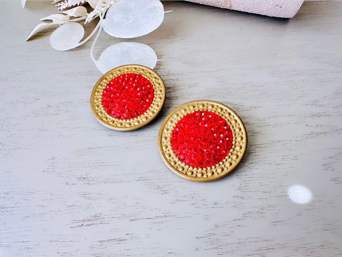 Vintage Richard Kerr 1980s Red Earrings, Huge Disc Shaped Clip On Earrings With Gold Trim Pave Set Rhinestones, Rare Designer Vintage 80s from Piggle and Pop
