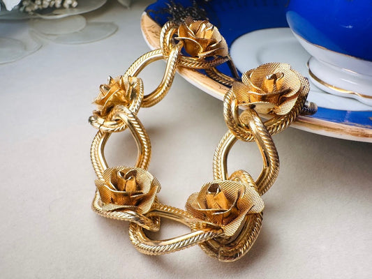 Vintage Rose Bracelet, Gold Rose Textured Link Bracelet, 1960s Romantic Floral Chain Bracelet, Classic Gold Mesh Flower Bracelet