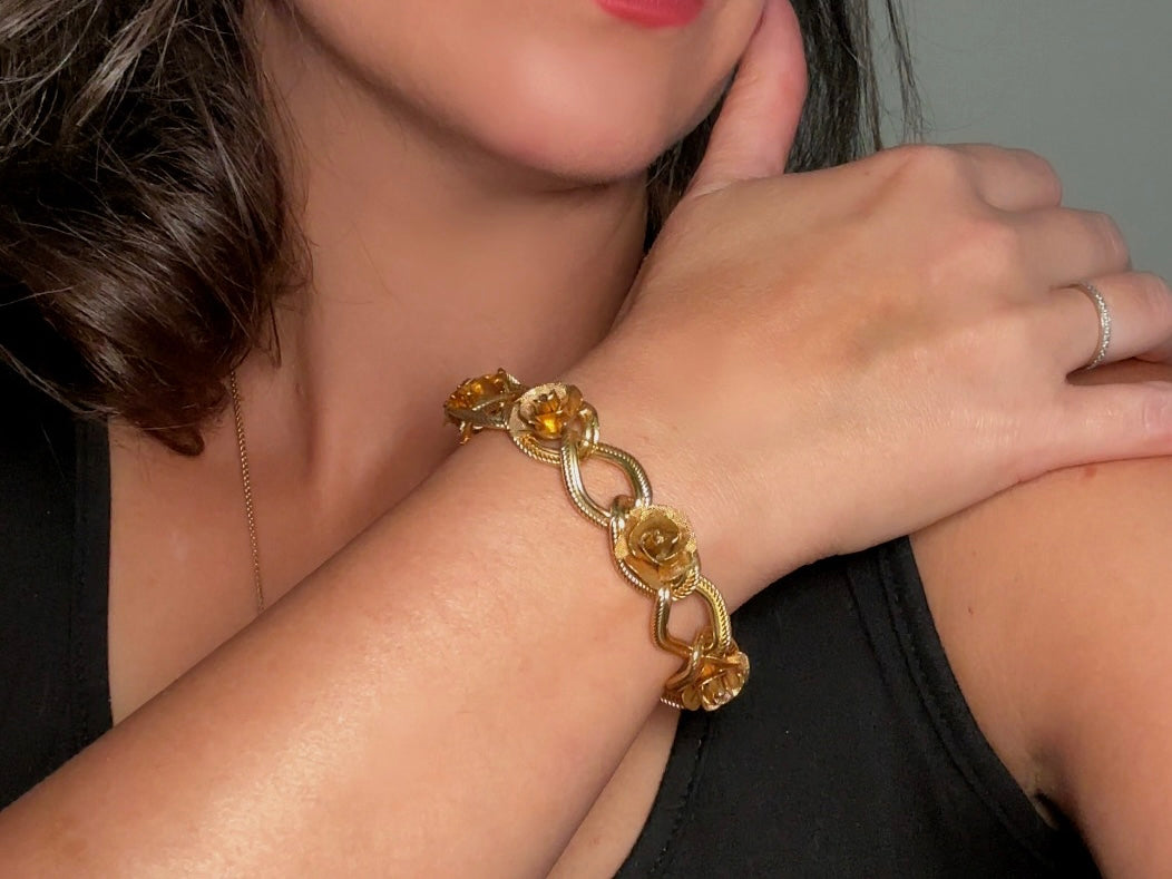 Vintage Rose Bracelet, Gold Rose Textured Link Bracelet, 1960s Romantic Floral Chain Bracelet, Classic Gold Mesh Flower Bracelet