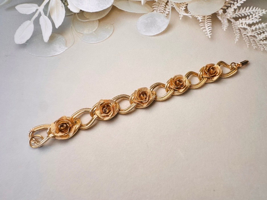 Vintage Rose Bracelet, Gold Rose Textured Link Bracelet, 1960s Romantic Floral Chain Bracelet, Classic Gold Mesh Flower Bracelet