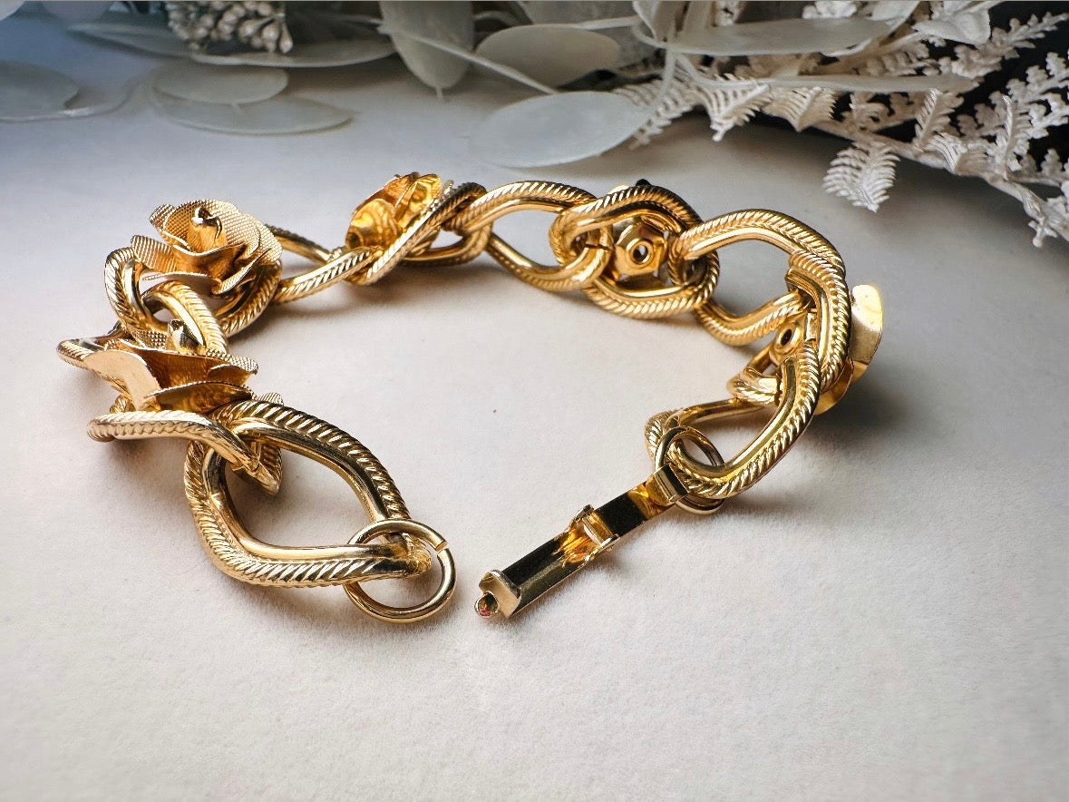 Vintage Rose Bracelet, Gold Rose Textured Link Bracelet, 1960s Romantic Floral Chain Bracelet, Classic Gold Mesh Flower Bracelet