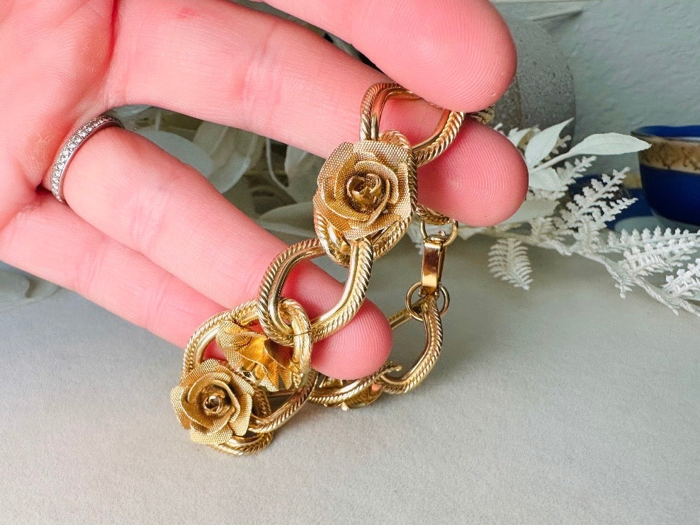 Vintage Rose Bracelet, Gold Rose Textured Link Bracelet, 1960s Romantic Floral Chain Bracelet, Classic Gold Mesh Flower Bracelet