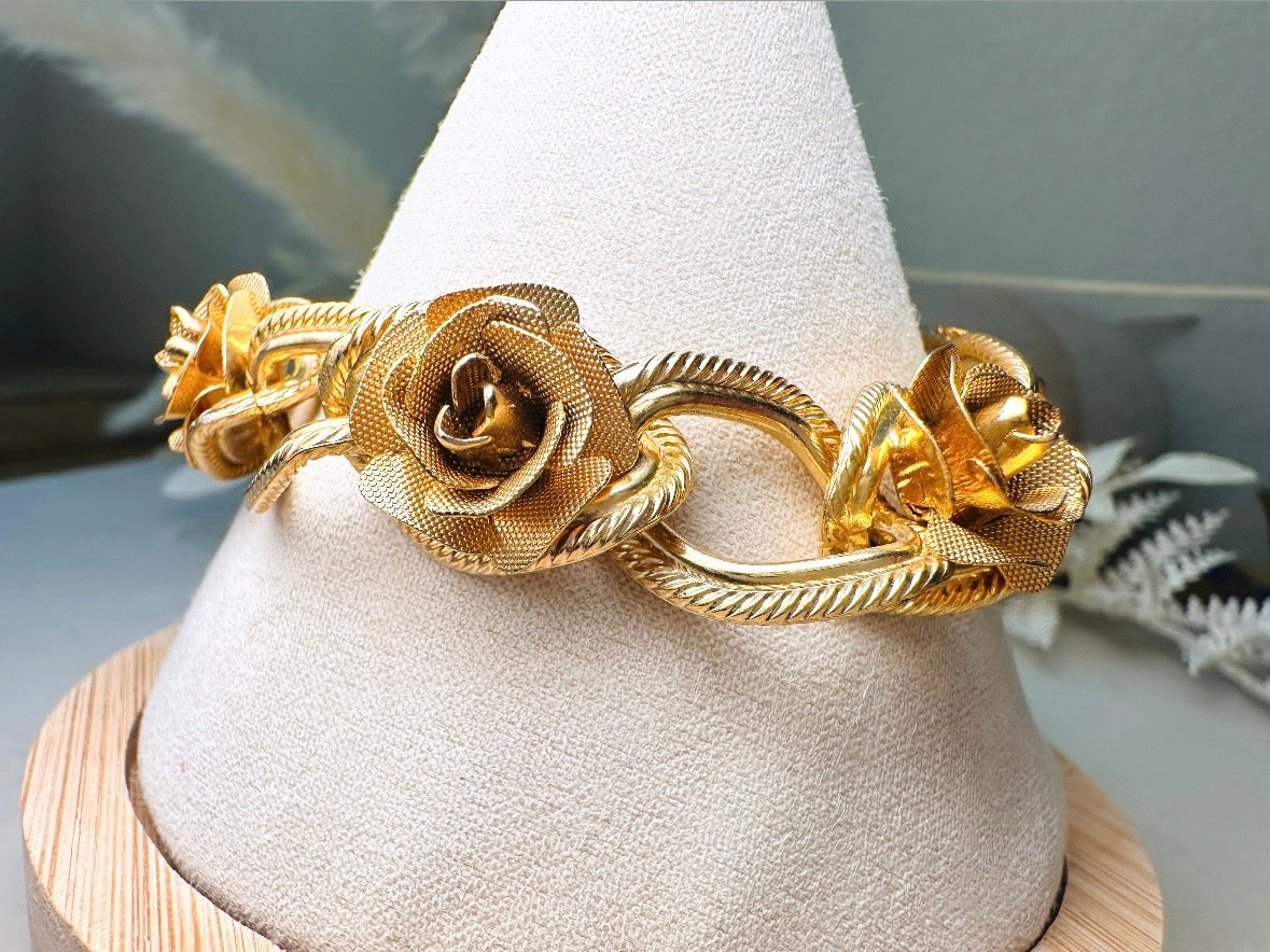 Vintage Rose Bracelet, Gold Rose Textured Link Bracelet, 1960s Romantic Floral Chain Bracelet, Classic Gold Mesh Flower Bracelet