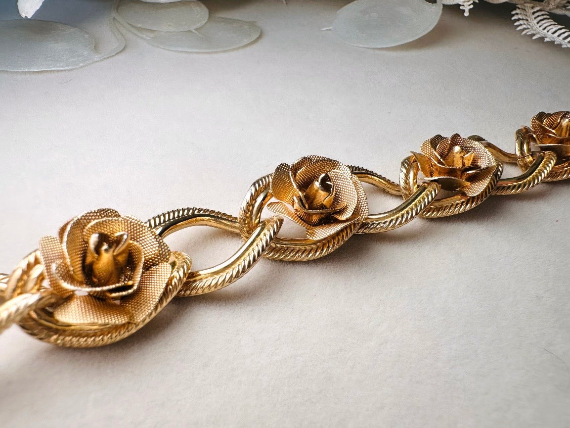 Vintage Rose Bracelet, Gold Rose Textured Link Bracelet, 1960s Romantic Floral Chain Bracelet, Classic Gold Mesh Flower Bracelet