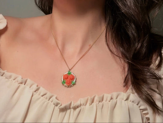 Vintage Rose Necklace, 1940s Japanese Celluloid Coral Flower Pendant with Green Leaves and Faux Pearls on Gold Chain
