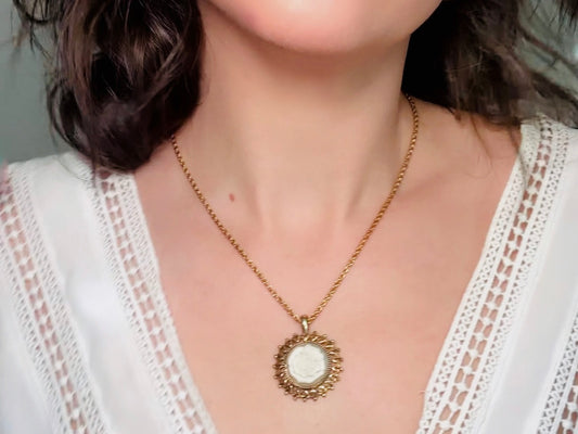 Vintage Rose Necklace, Floral Cameo Pendant Necklace, White Rose on Grey, Gold FIligree Round Pendant, Dainty Victorian Revival Necklace from Piggle and Pop