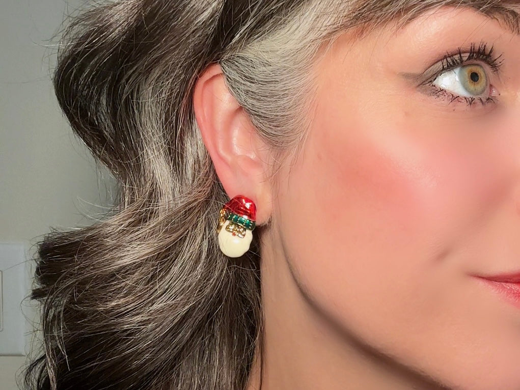 Vintage Santa Earrings, Smiling Santa Claus Red and Green Holiday Post Earrings with Jingle Bell Hat, Cute Kitschy 70s Christmas Earrings