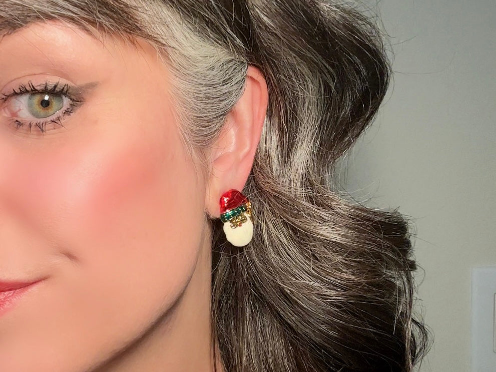 Vintage Santa Earrings, Smiling Santa Claus Red and Green Holiday Post Earrings with Jingle Bell Hat, Cute Kitschy 70s Christmas Earrings