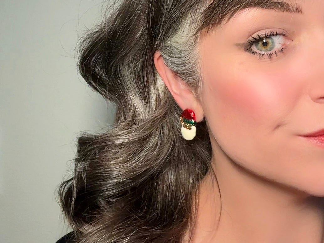 Vintage Santa Earrings, Smiling Santa Claus Red and Green Holiday Post Earrings with Jingle Bell Hat, Cute Kitschy 70s Christmas Earrings