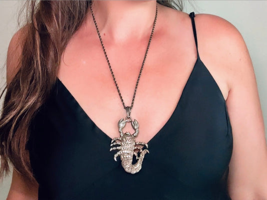 Vintage Scorpio Zodiac Necklace, 22" Long Steel Scorpion Pendant, VTG Astrology Scorpio Star Sign Necklace, Eclectic November Birthday Gift from Piggle and Pop