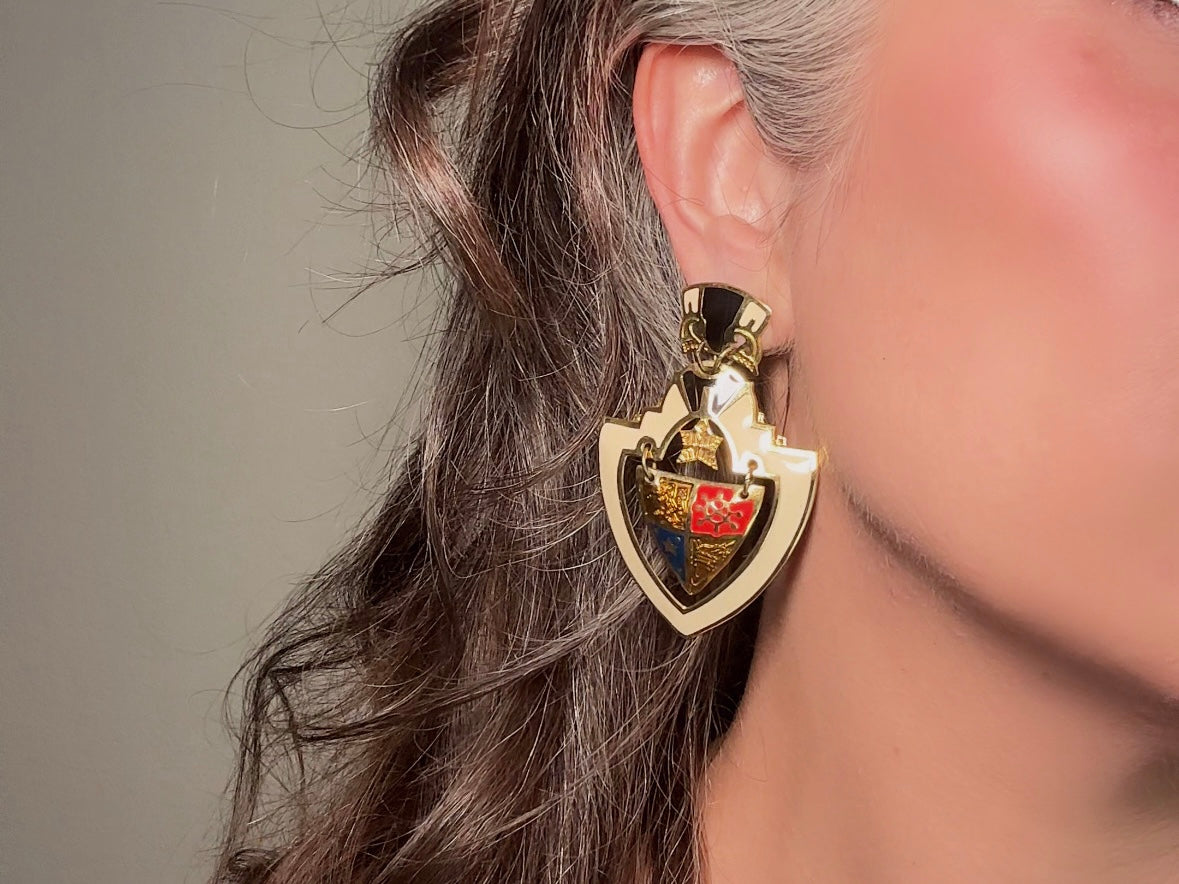 Vintage Shield Earrings, Oversized Heraldic Coat of Arms Dangle Earrings by Berebi, 80s Runway Dramatic Maximalist Pierced Enamel Earrings