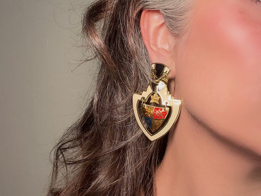 Vintage Shield Earrings, Oversized Heraldic Coat of Arms Dangle Earrings by Berebi, 80s Runway Dramatic Maximalist Pierced Enamel Earrings