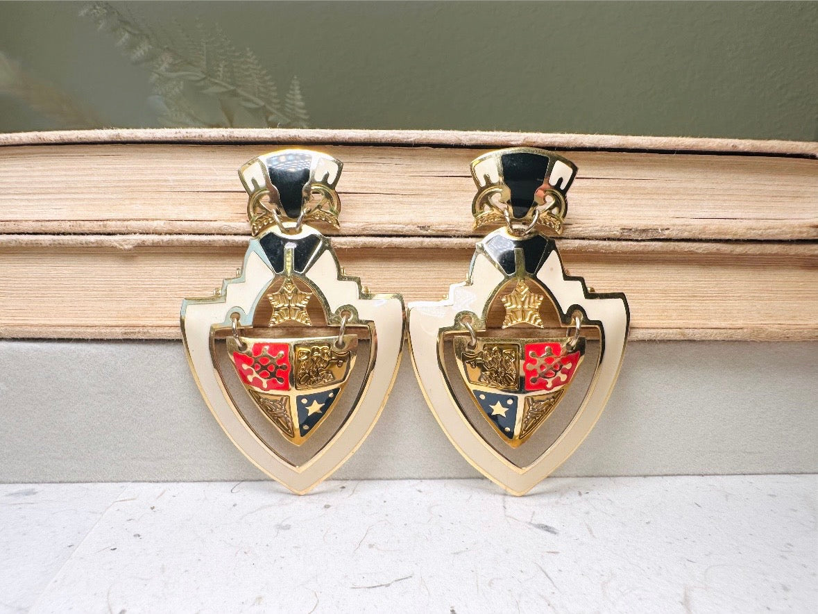 Vintage Shield Earrings, Oversized Heraldic Coat of Arms Dangle Earrings by Berebi, 80s Runway Dramatic Maximalist Pierced Enamel Earrings