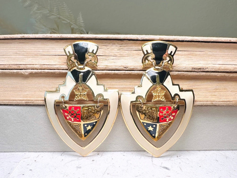 Vintage Shield Earrings, Oversized Heraldic Coat of Arms Dangle Earrings by Berebi, 80s Runway Dramatic Maximalist Pierced Enamel Earrings