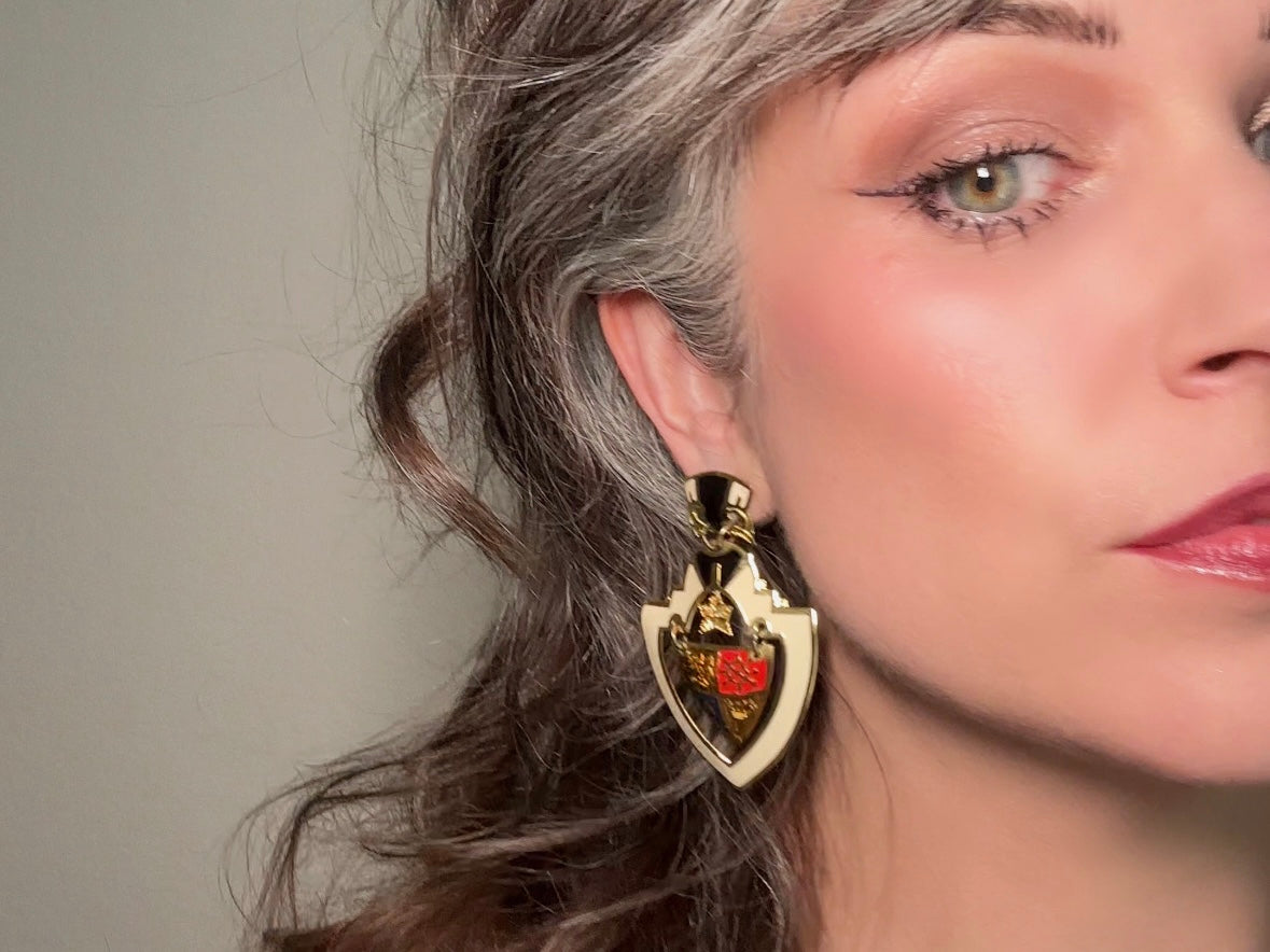 Vintage Shield Earrings, Oversized Heraldic Coat of Arms Dangle Earrings by Berebi, 80s Runway Dramatic Maximalist Pierced Enamel Earrings