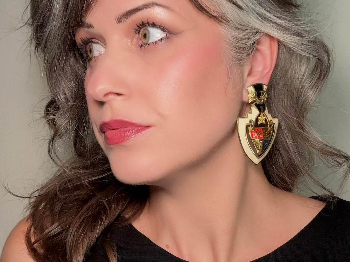Vintage Shield Earrings, Oversized Heraldic Coat of Arms Dangle Earrings by Berebi, 80s Runway Dramatic Maximalist Pierced Enamel Earrings