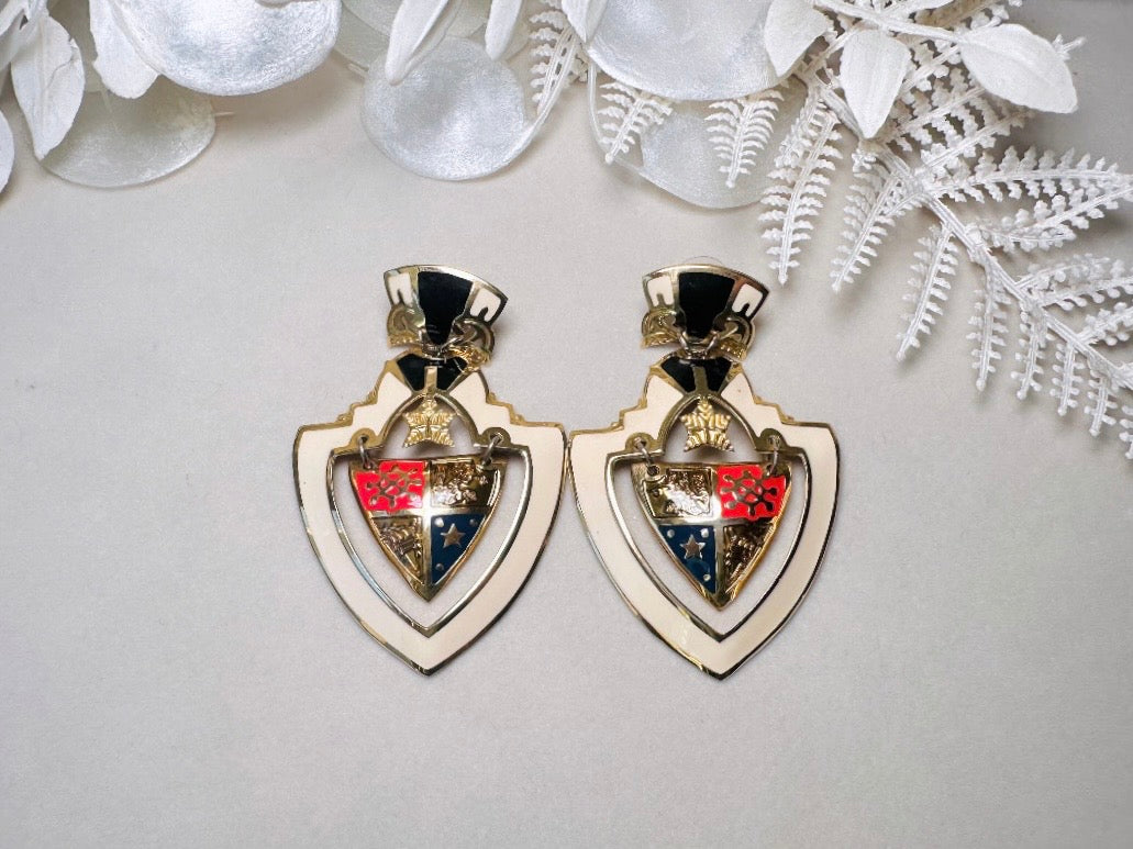 Vintage Shield Earrings, Oversized Heraldic Coat of Arms Dangle Earrings by Berebi, 80s Runway Dramatic Maximalist Pierced Enamel Earrings