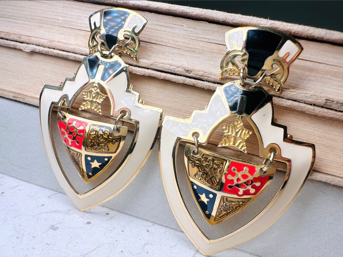 Vintage Shield Earrings, Oversized Heraldic Coat of Arms Dangle Earrings by Berebi, 80s Runway Dramatic Maximalist Pierced Enamel Earrings