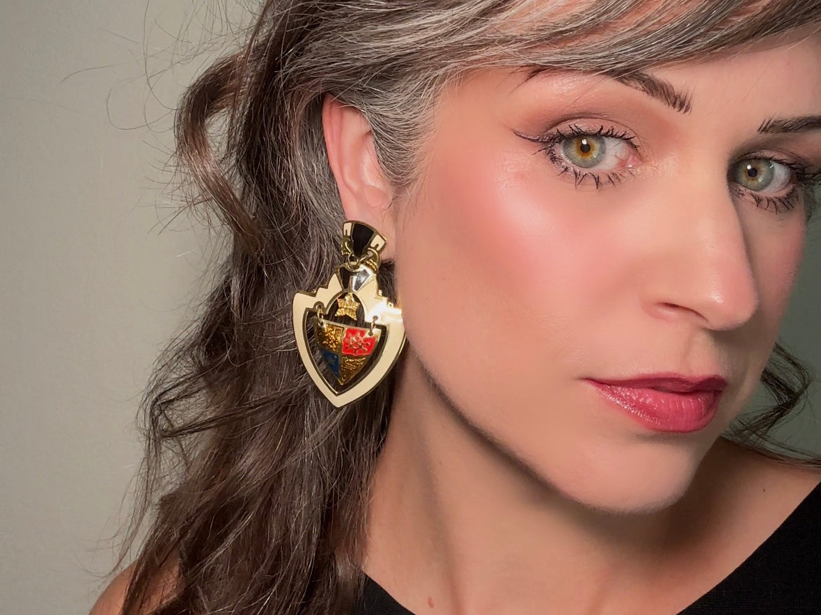 Vintage Shield Earrings, Oversized Heraldic Coat of Arms Dangle Earrings by Berebi, 80s Runway Dramatic Maximalist Pierced Enamel Earrings