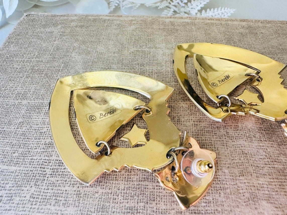Vintage Shield Earrings, Oversized Heraldic Coat of Arms Dangle Earrings by Berebi, 80s Runway Dramatic Maximalist Pierced Enamel Earrings