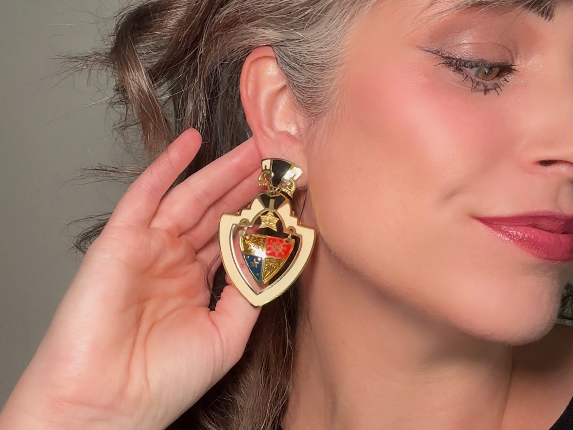 Vintage Shield Earrings, Oversized Heraldic Coat of Arms Dangle Earrings by Berebi, 80s Runway Dramatic Maximalist Pierced Enamel Earrings