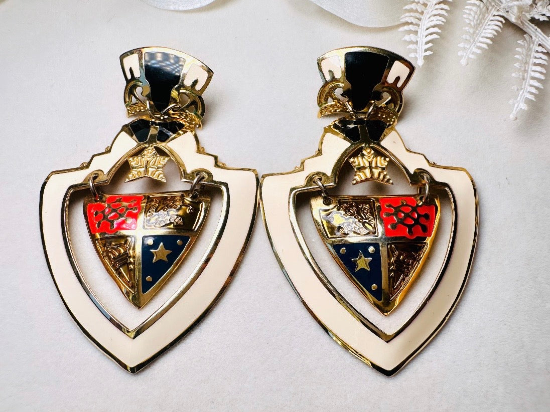 Vintage Shield Earrings, Oversized Heraldic Coat of Arms Dangle Earrings by Berebi, 80s Runway Dramatic Maximalist Pierced Enamel Earrings