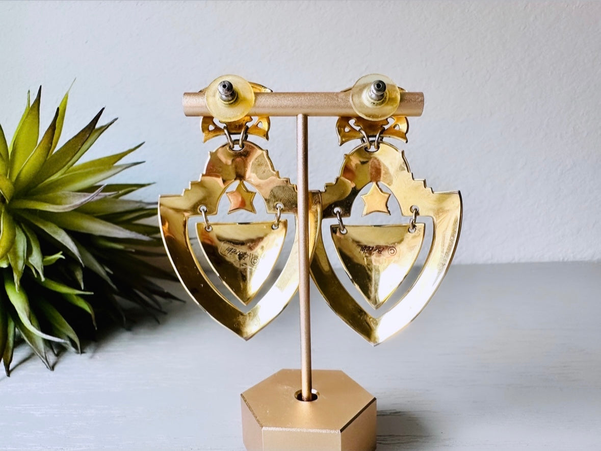 Vintage Shield Earrings, Oversized Heraldic Coat of Arms Dangle Earrings by Berebi, 80s Runway Dramatic Maximalist Pierced Enamel Earrings