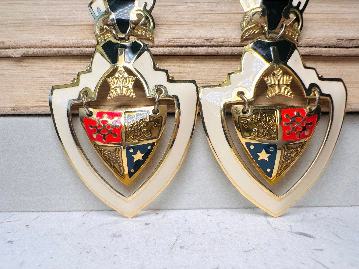 Vintage Shield Earrings, Oversized Heraldic Coat of Arms Dangle Earrings by Berebi, 80s Runway Dramatic Maximalist Pierced Enamel Earrings