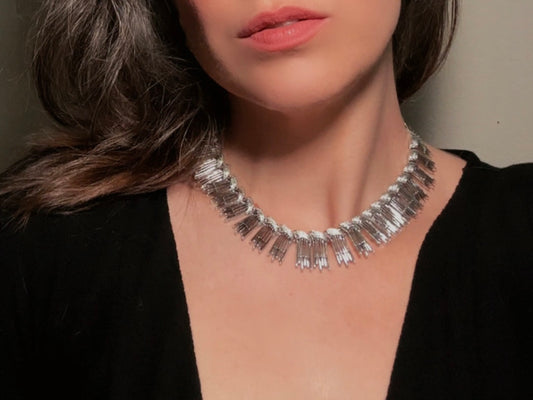 Vintage Silver Choker, Bold 60s Metallic Spike Statement Necklace, Adjustable Hook Closure