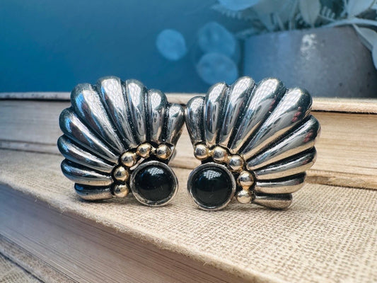 Vintage Silver Fan Earrings with Black Onyx Cabochons, Mixed Metal Art Deco Earrings, Unique Pewter and Gold Vintage Clip On Earrings