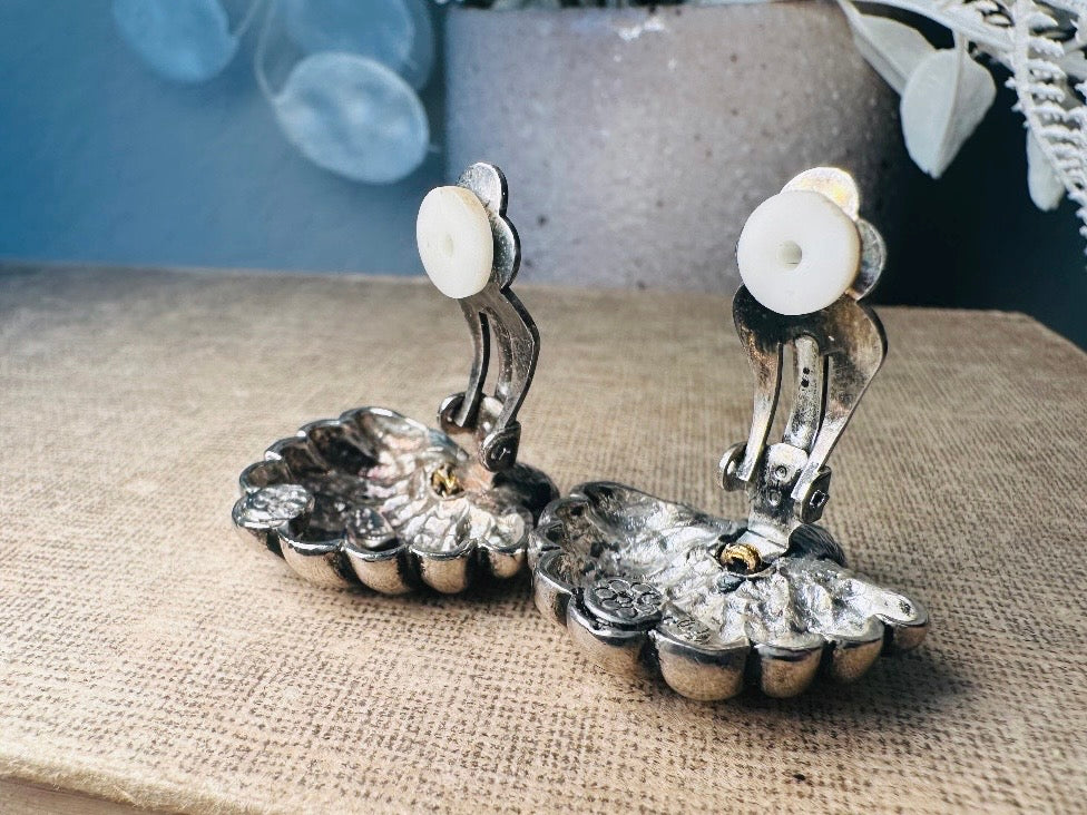 Vintage Silver Fan Earrings with Black Onyx Cabochons, Mixed Metal Art Deco Earrings, Unique Pewter and Gold Vintage Clip On Earrings