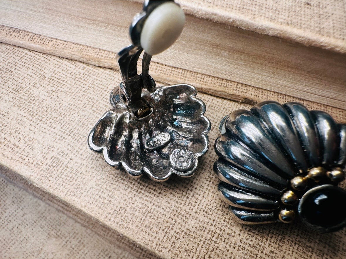 Vintage Silver Fan Earrings with Black Onyx Cabochons, Mixed Metal Art Deco Earrings, Unique Pewter and Gold Vintage Clip On Earrings